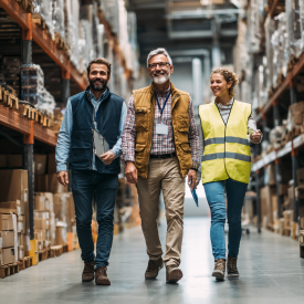 Dokumentárna fotografia logistického podnikateľa kontrolujúceho stav zásielky s klientom pri vstupe do skladu,