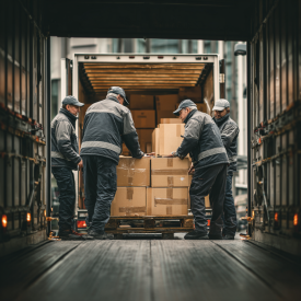 racovníci v logistike spoločne vykladajúci tovar z nákladného auta, bieli muži stredoeurópskeho vzhľadu, spolupráca a fyzická práca, reálne prostredie,